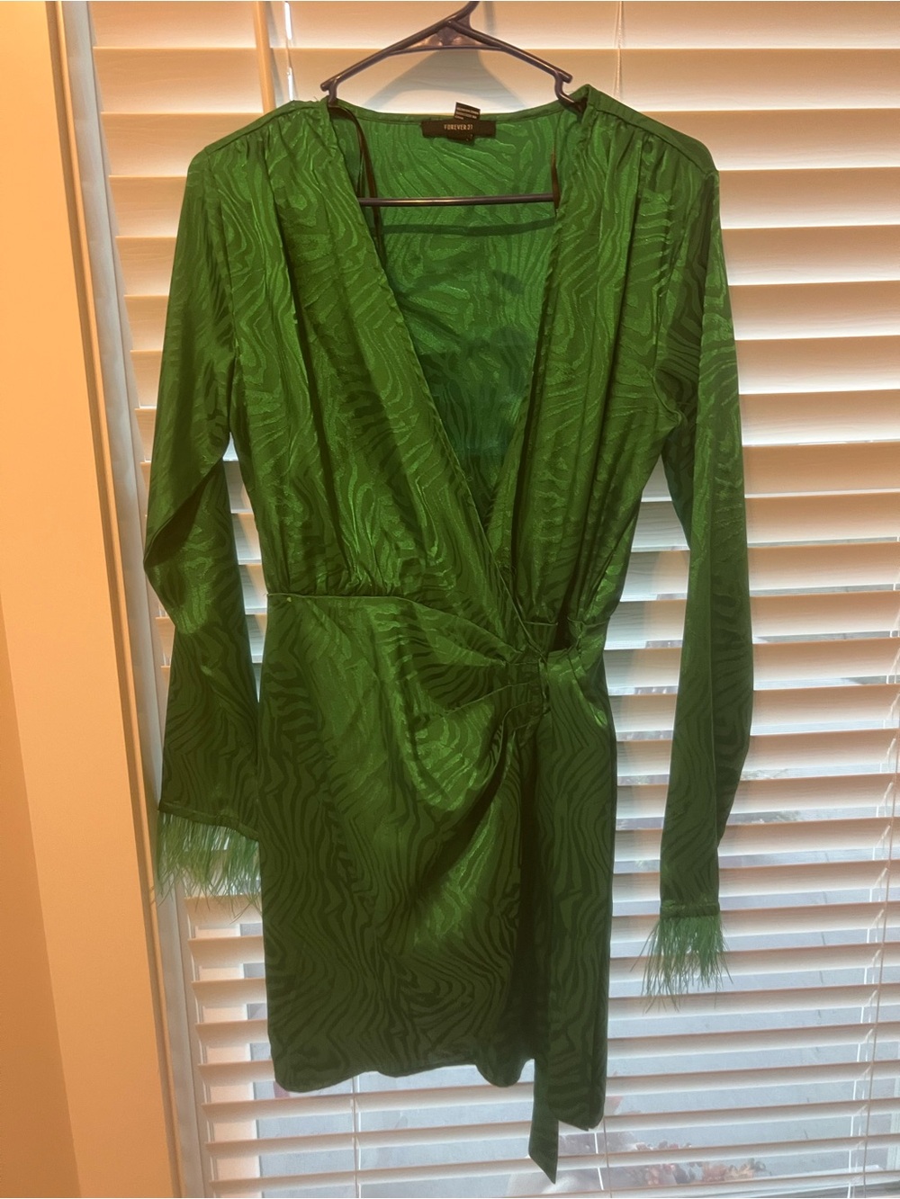 Forever 21 Emerald Green Satin Wrap Dress with Feather Trim